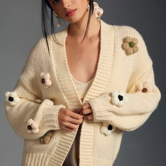 Anthropologie Susannah Cardigan Cream Floral Knit Sweater - Picture 1 of 6